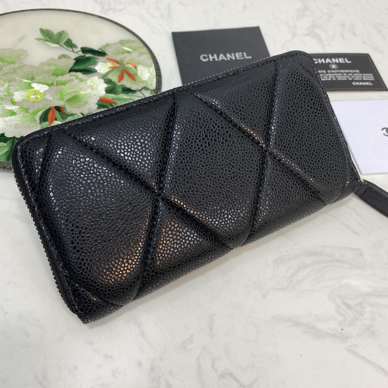 CC Inspired Boy Zip Around Wallet Quilted Caviar Long-Fishseed Pattern Gold Wallet - Gorchic - $52.99