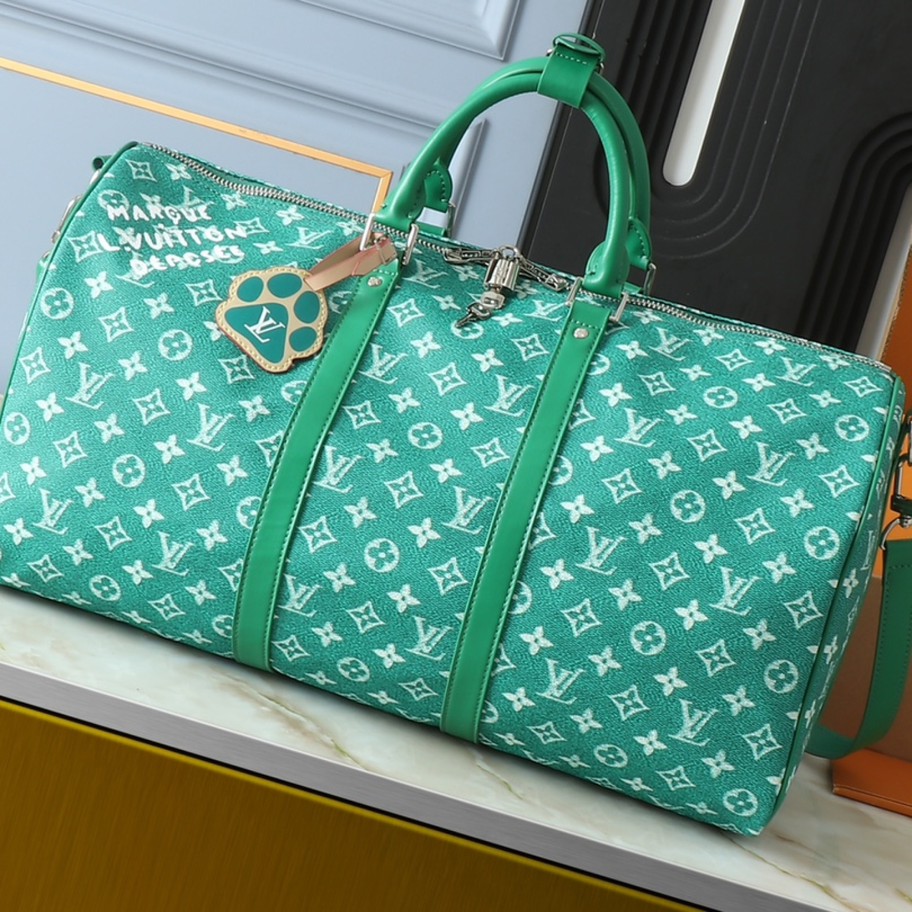 Designer Monogram Keepall Bandoulière 50 Green Distressed Leather- Bag - Gorchic - $165.99