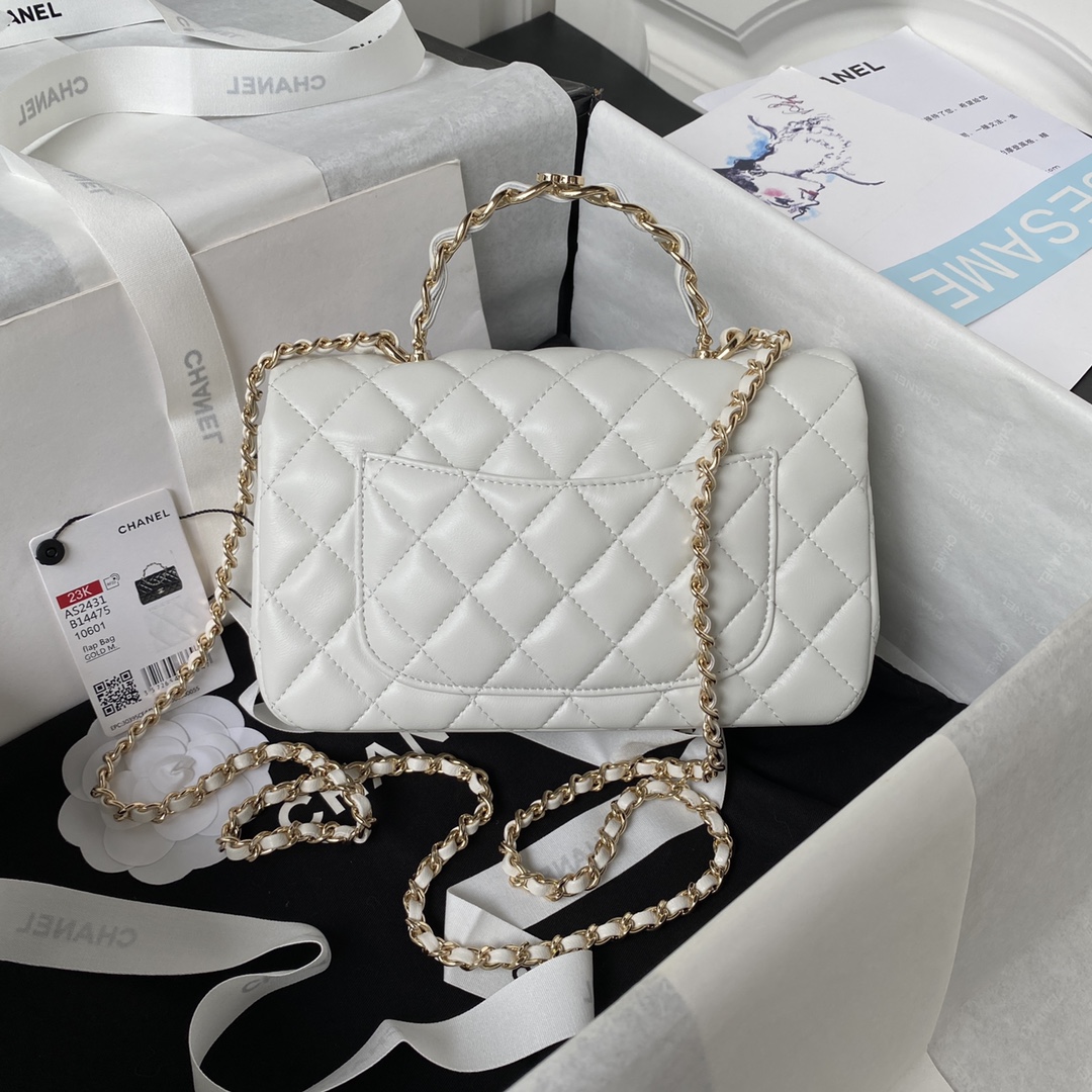 CC Inspired Lambskin Quilted Mini Top Handle Rectangular Flap White Golden Hardwear Bag - Gorchic - $152.99