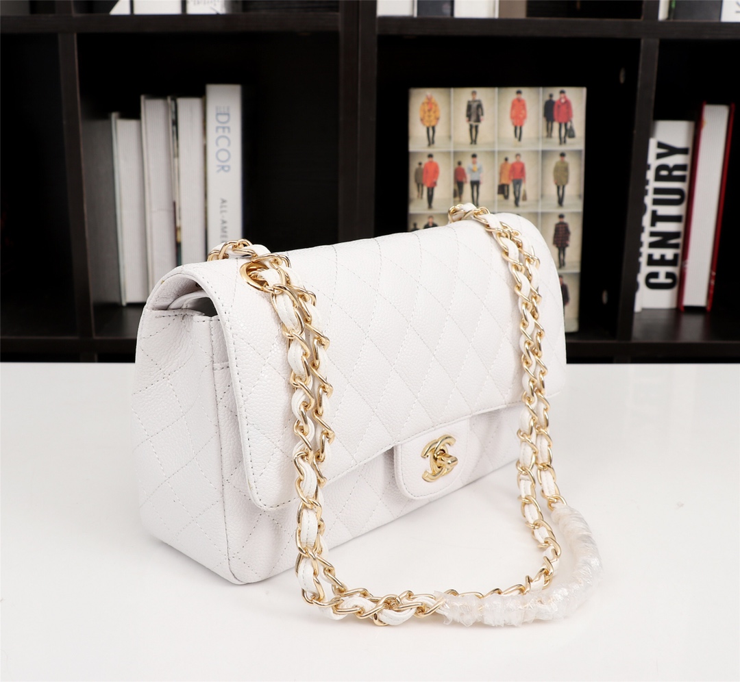 CC Inspired Classic Double Flap Bag White Caviar Golden Hardware - Bag - Gorchic - $122.99