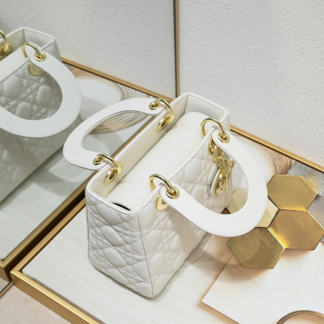 D Inspired Small Lady D Inspired Bag White Cannage Calfskin Golden and White Paint Hardware - Bag - Gorchic - $144.99