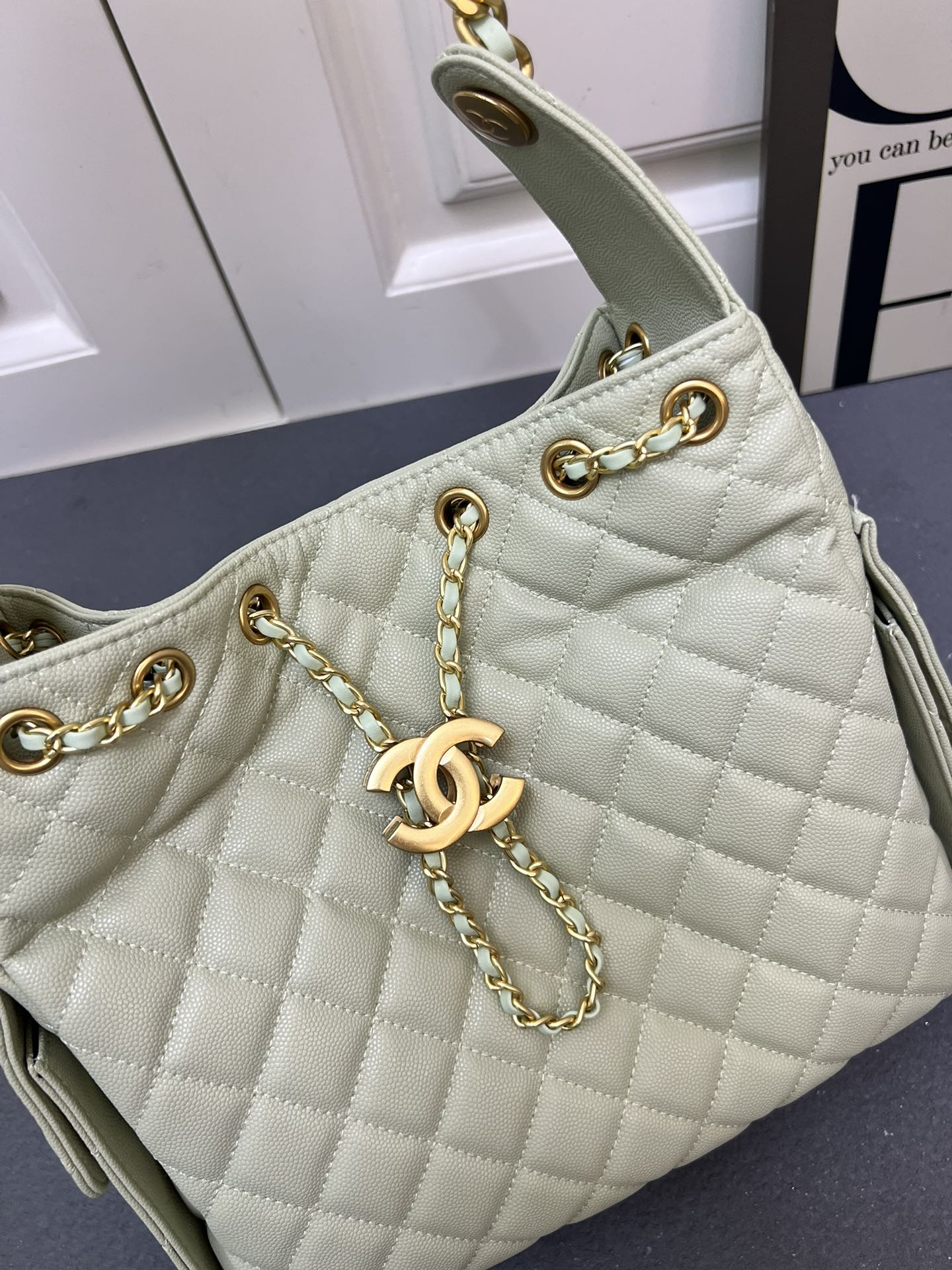 CC Inspired 25 Small Handbag Grained Calfskin & Gold-Tone Metal Light Green - Bag - Gorchic - $152.99