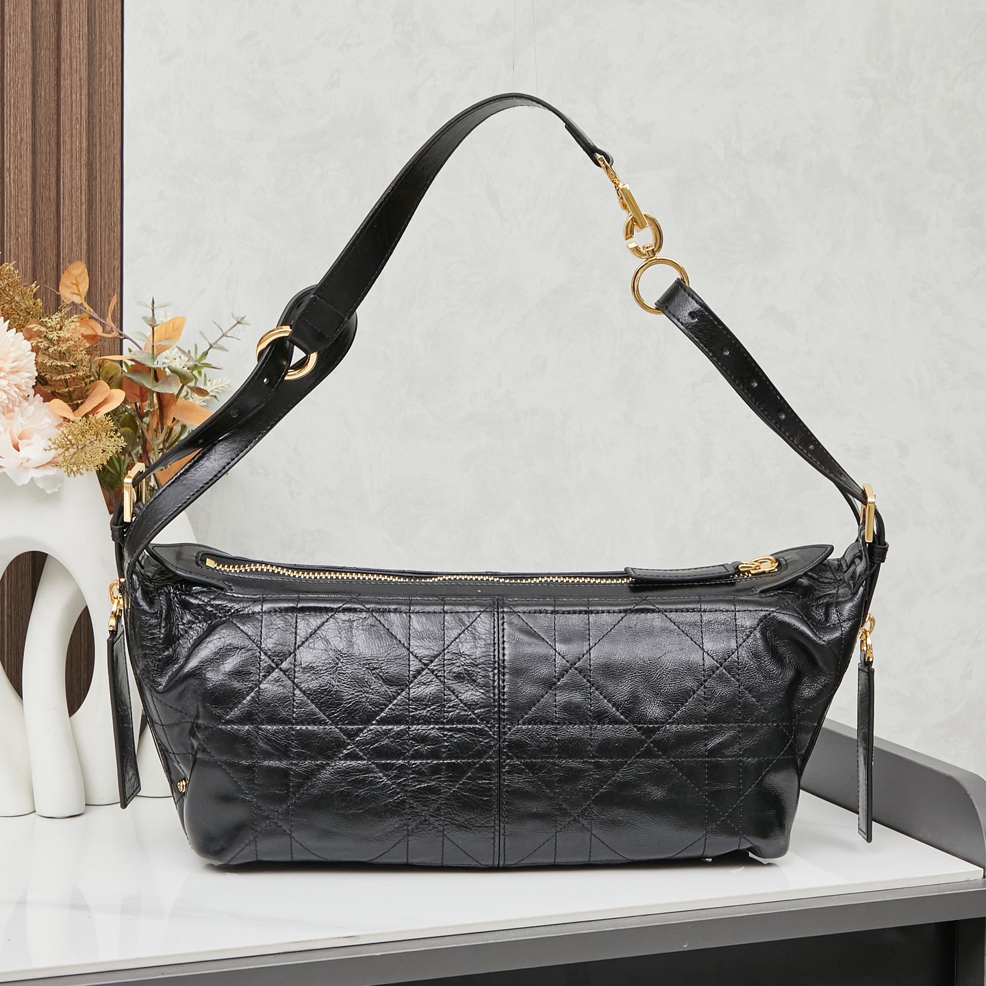 D Inspired D-Journey Bag in Crinkled Calfskin-Black Flat Macrocannage - Gorchic - $132.99