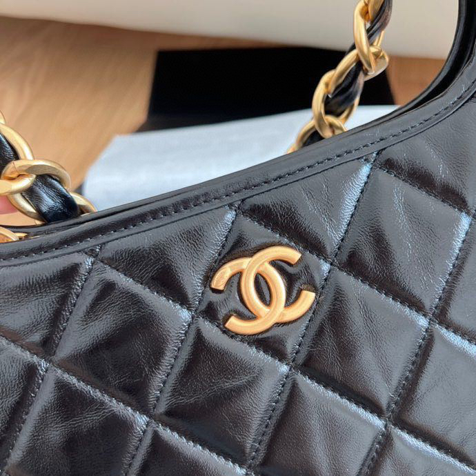 CC Inspired 24A Hobo Small Bag Shiny Calfskin & Gold-Tone Metal Black - Bag - Gorchic - $121.99