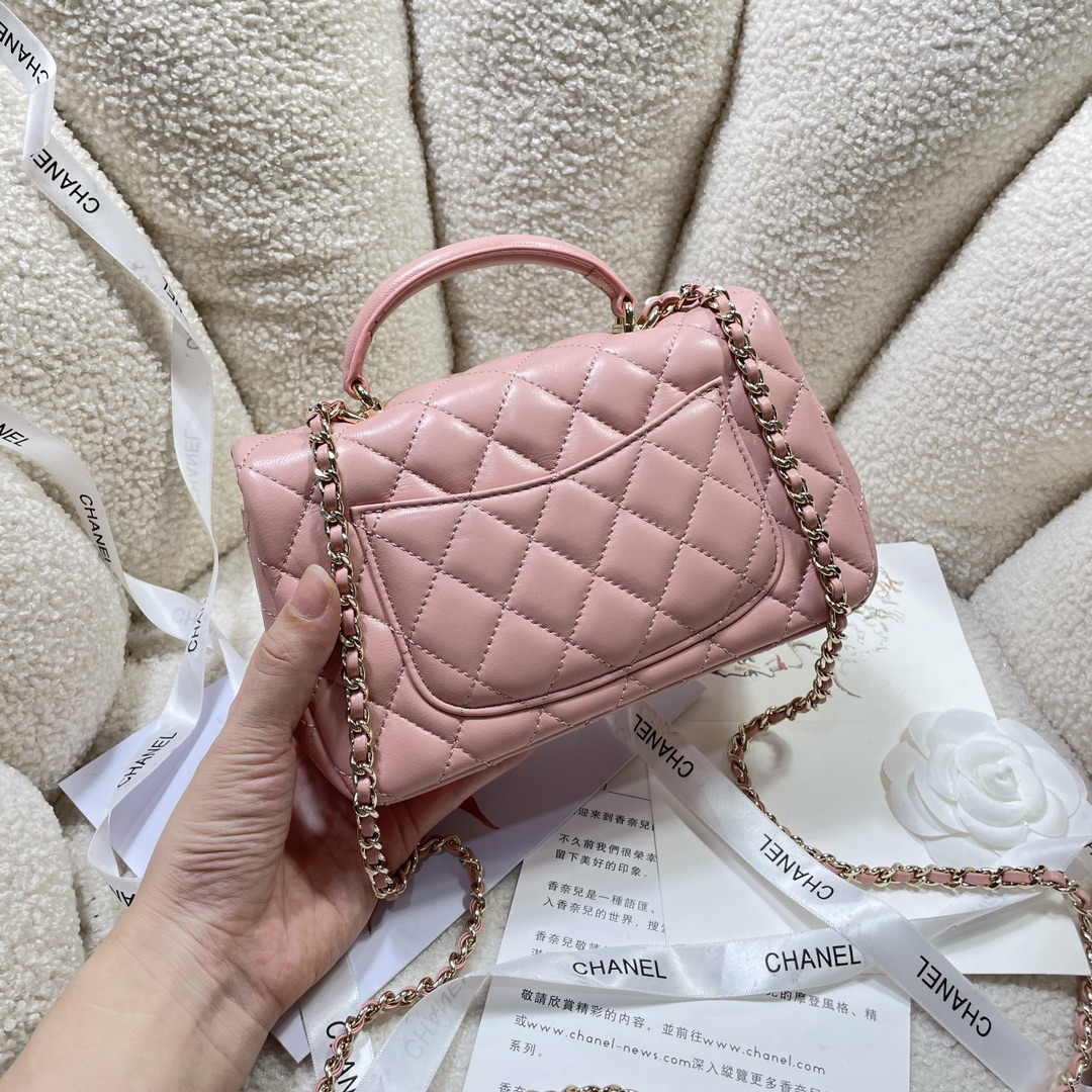 CC Inspired Lambskin Quilted Mini Top Handle Rectangular Flap Pink Bag - Gorchic - $152.99