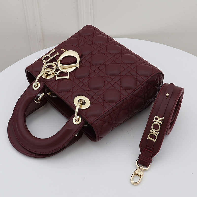 D Inspired Small Lady D Inspired Bag Burgundy Cannage Calfskin Golden Hardware - Bag - Gorchic - $146.99
