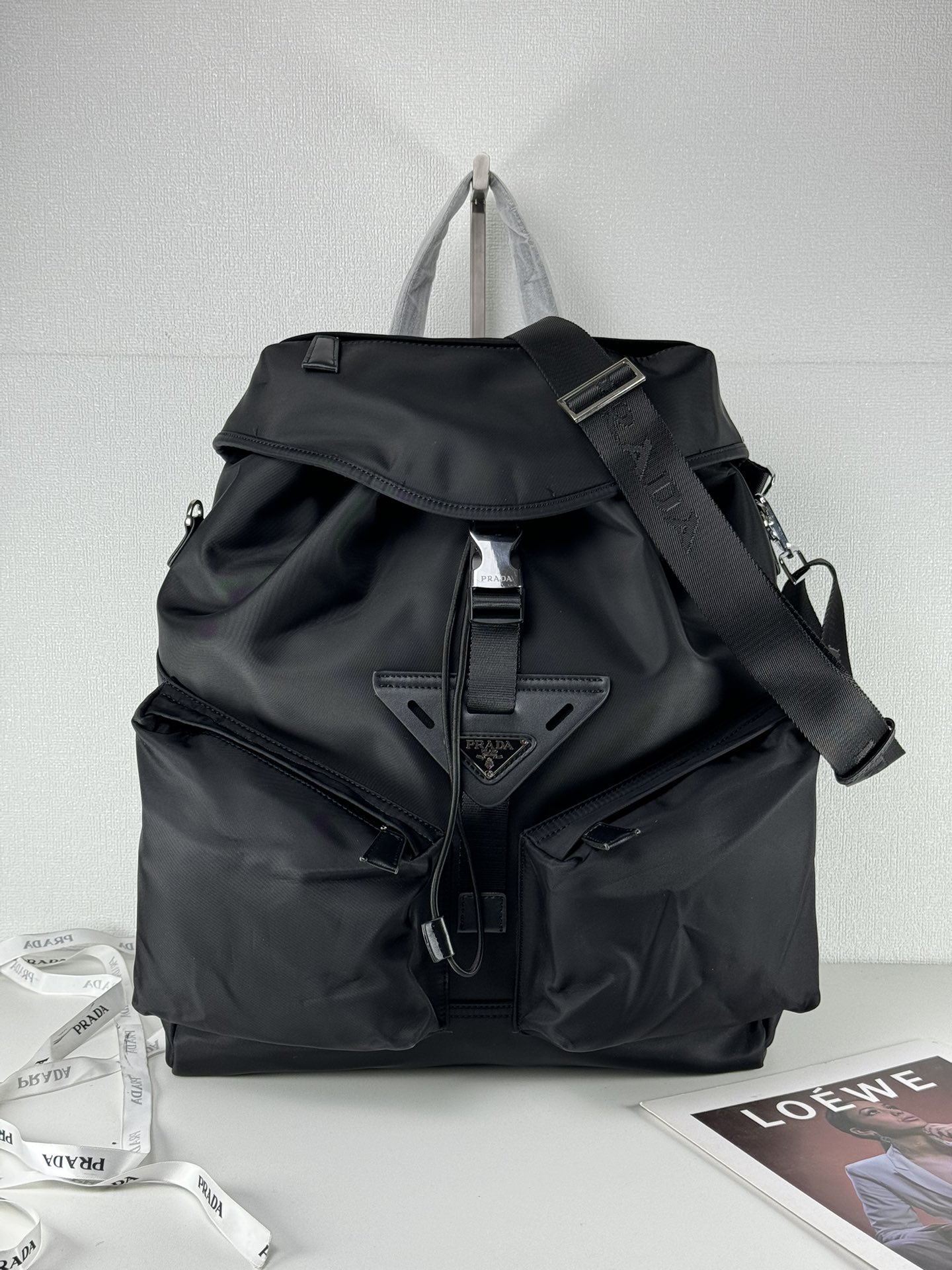 Saffiano texture Re-Nylon and leather backpack Black Bag - Gorchic - $157.99
