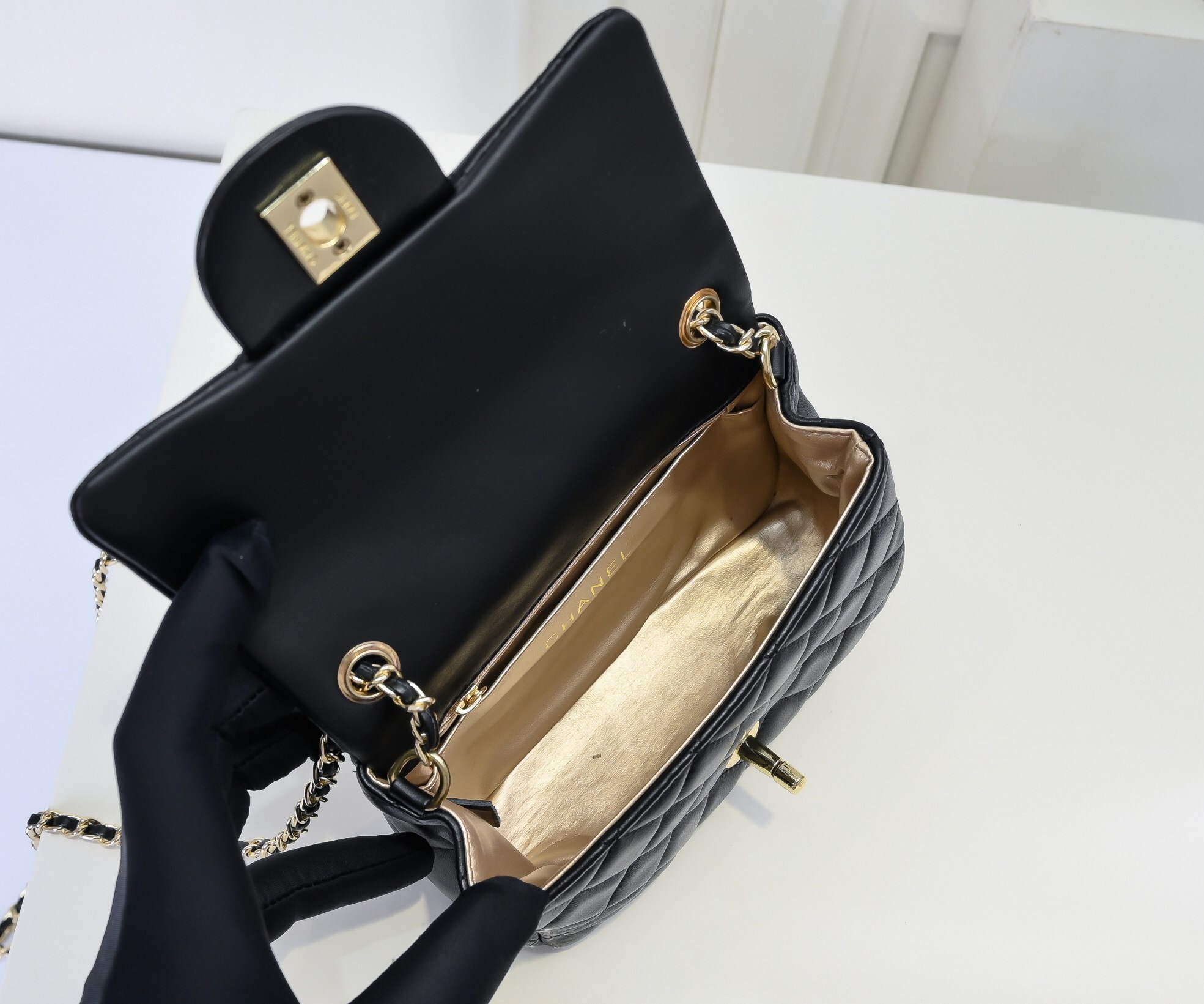 CC Inspired Classic Flag Bag CC Pearl Crush Mini Square Flap Bag Black Calfskin Antique Gold Hardware - Bag - Gorchic - $127.99