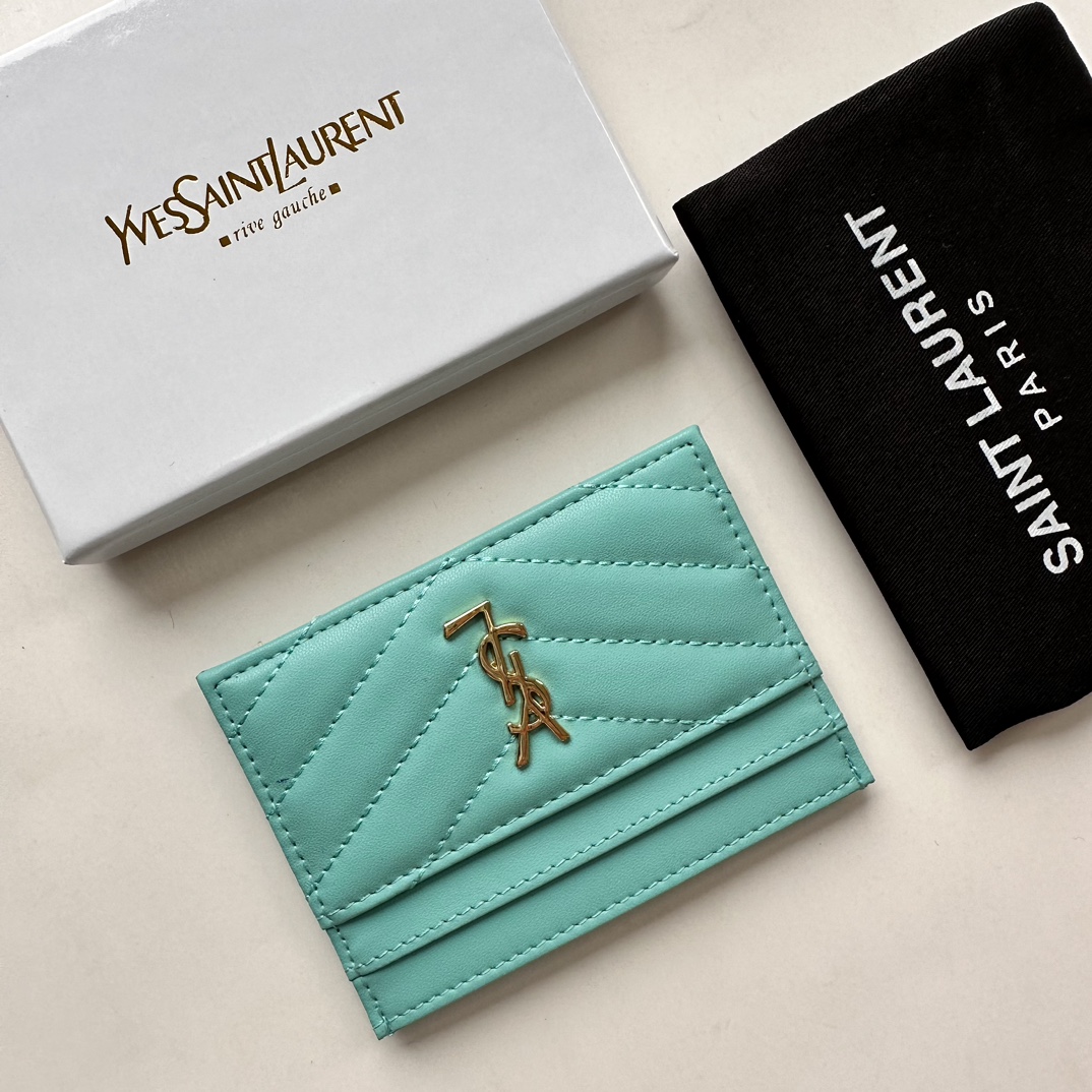 Lady Designer CASSANDRE MATELASSÉ card case in lambskin -Blue Wallet - Gorchic - $35.99