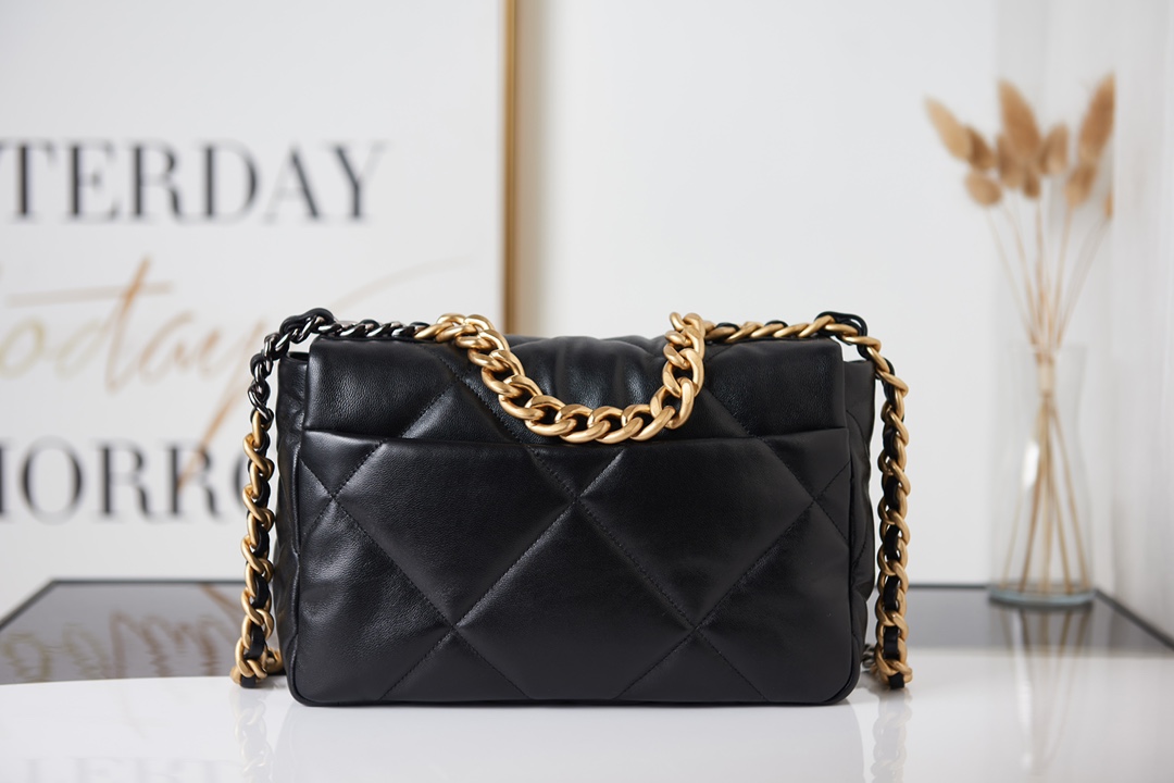 CC Inspired Calfskin Quilted Large CC Inspired 19 Flap Black -Golden - Bag - Gorchic - $121.99