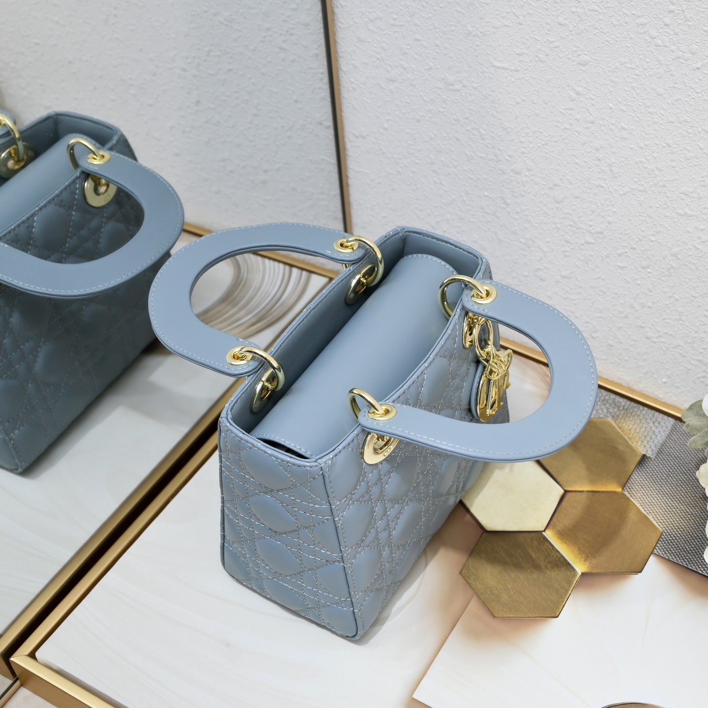 D Inspired Small Lady D Inspired Bag Blue Cannage Calfskin Golden Hardware - Bag - Gorchic - $144.99