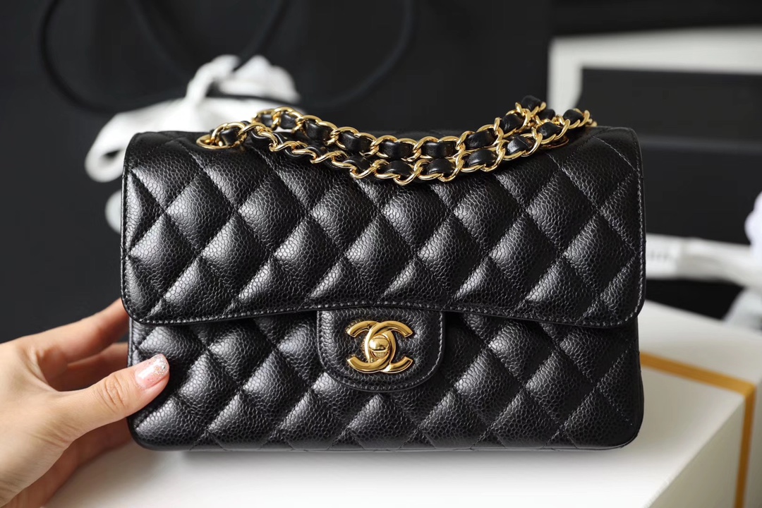 CC Inspired Classic Flag Bag Small Classic Double Flap Black Caviar Gold Hardware - Bag - Gorchic - $125.99