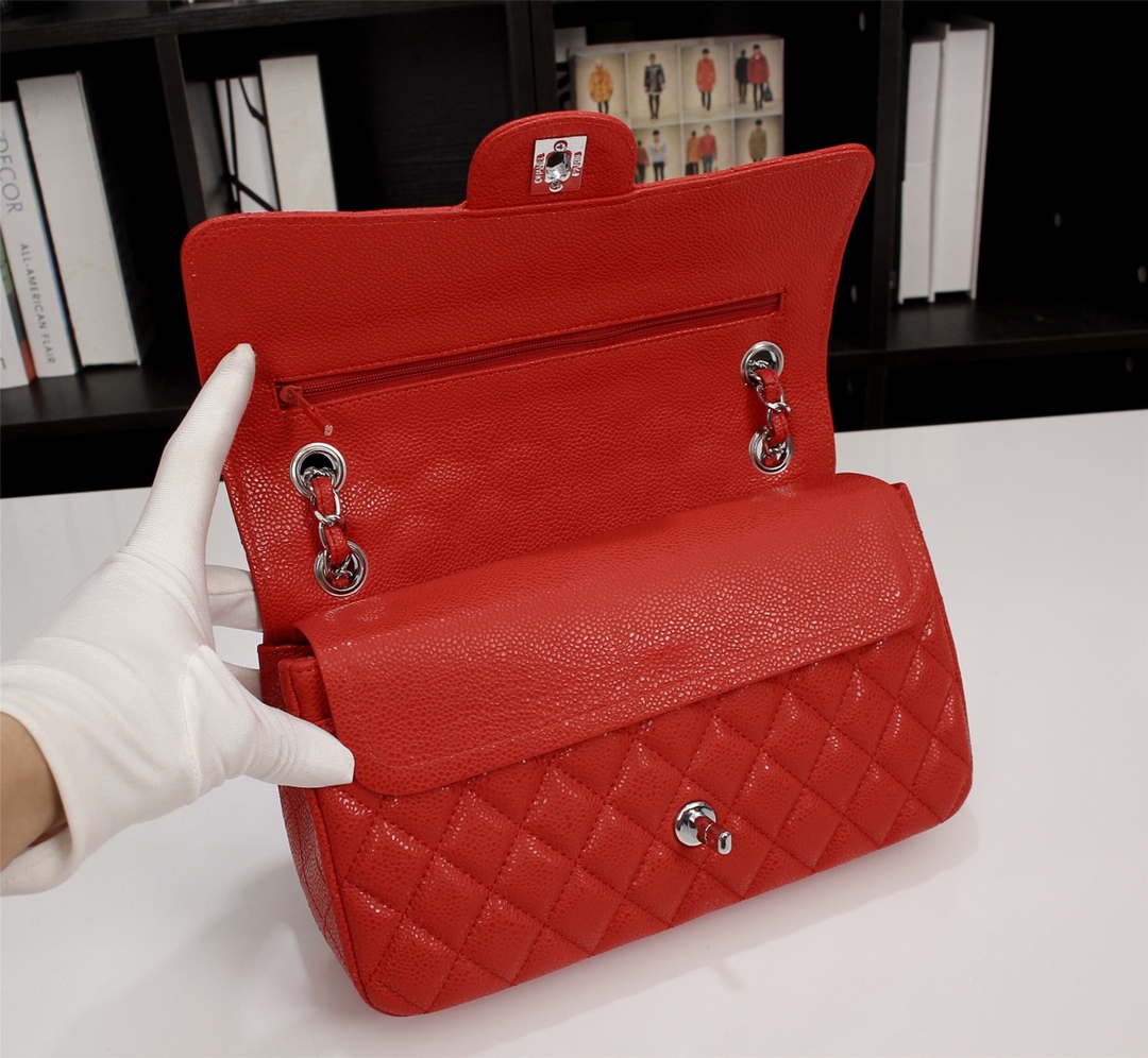 CC Inspired Classic Double Flap Bag Red Caviar Sier Hardware - Bag - Gorchic - $122.99