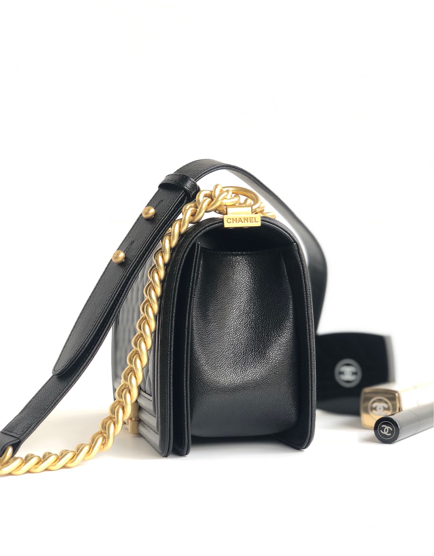 CC Inspired Boy Flap Quilted Calfskin Gold-tone New Medium Black - Gorchic - $167.99