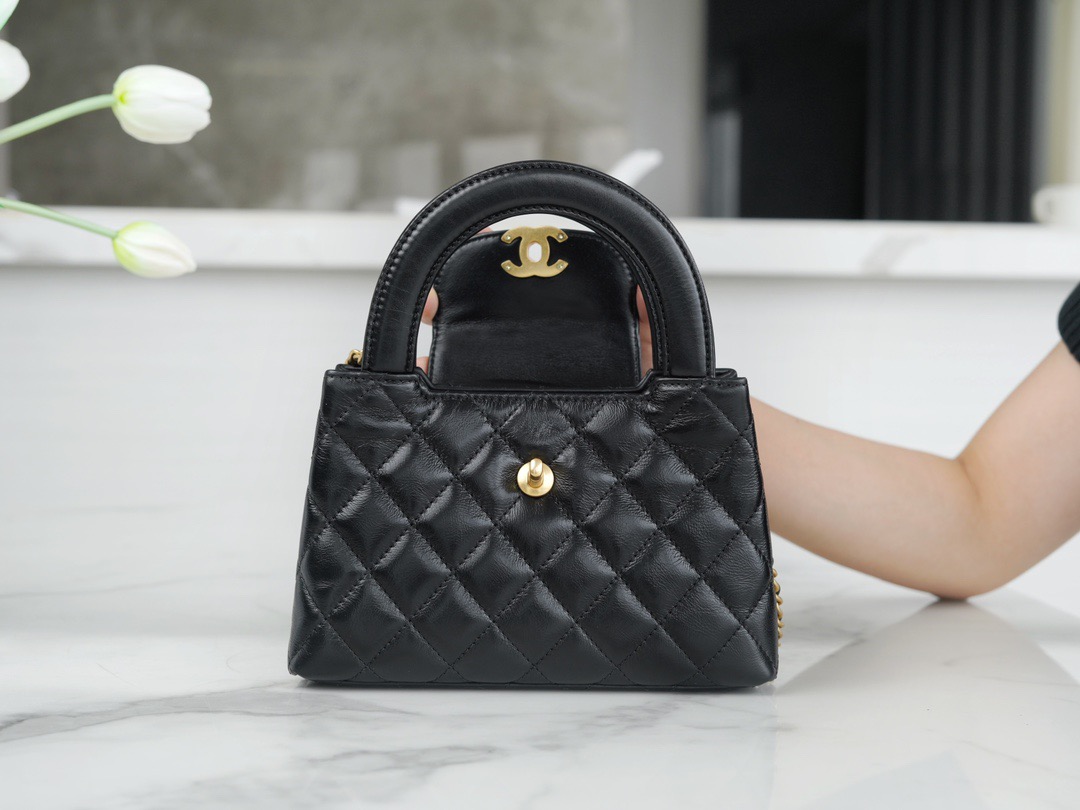 CC Inspired Shiny Aged Calfskin Quilted Nano Kelly Shopper Black - Bag - Gorchic - $121.99