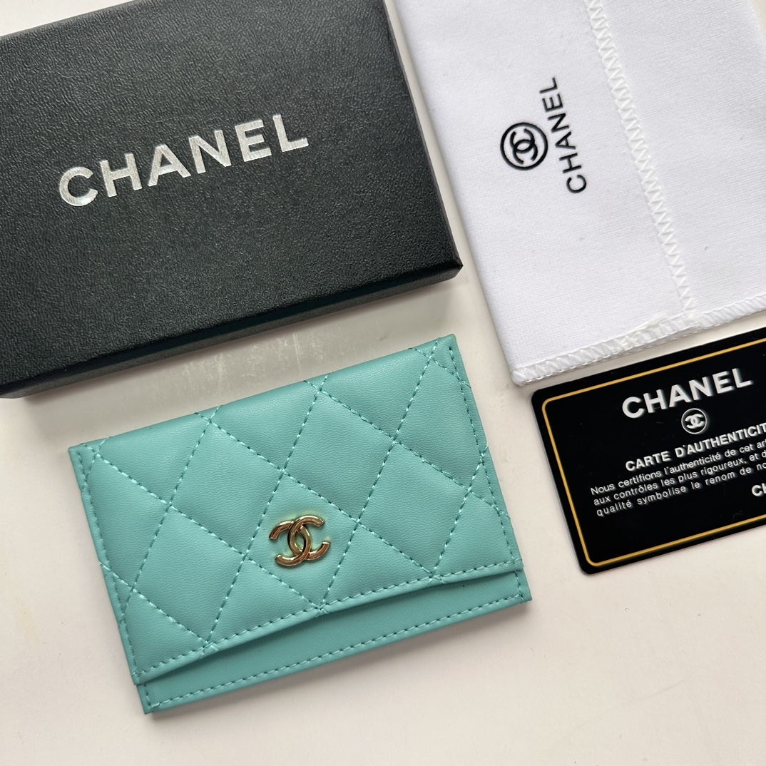 CC Inspired CLASSIC CARD HOLDER Grained Shiny Calfskin & Gold-Tone Metal Light Blue -Wallet - Gorchic - $37.99