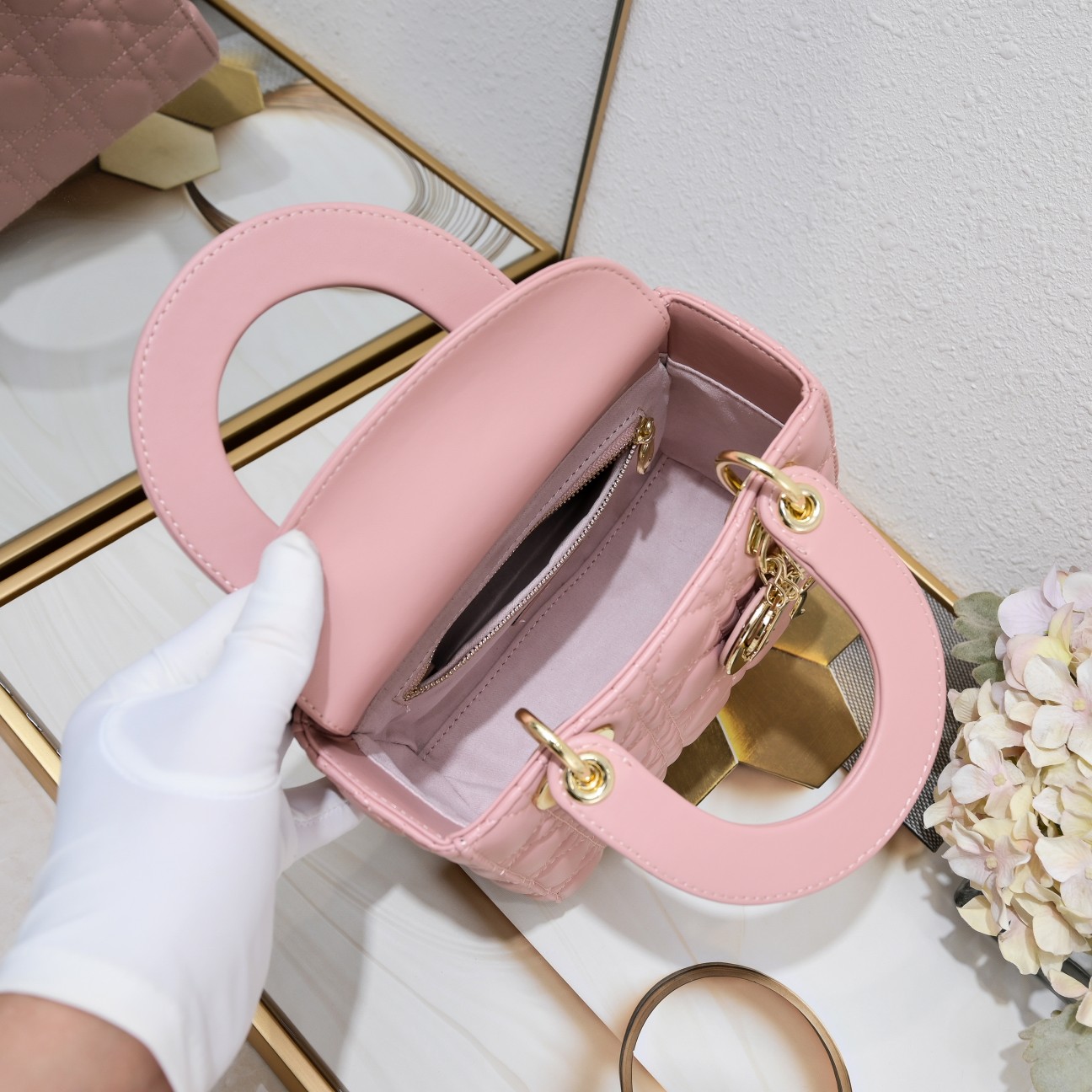 D Inspired Mini Lady D Inspired Bag Pink Cannage Calfskin Golden Hardware - Bag - Gorchic - $138.99