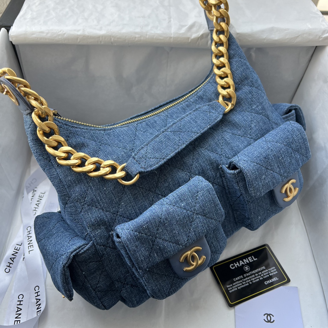 Double-G Hobo Washed Denim And Gold-Tone Metal  Blue Bag - Gorchic - $127.99