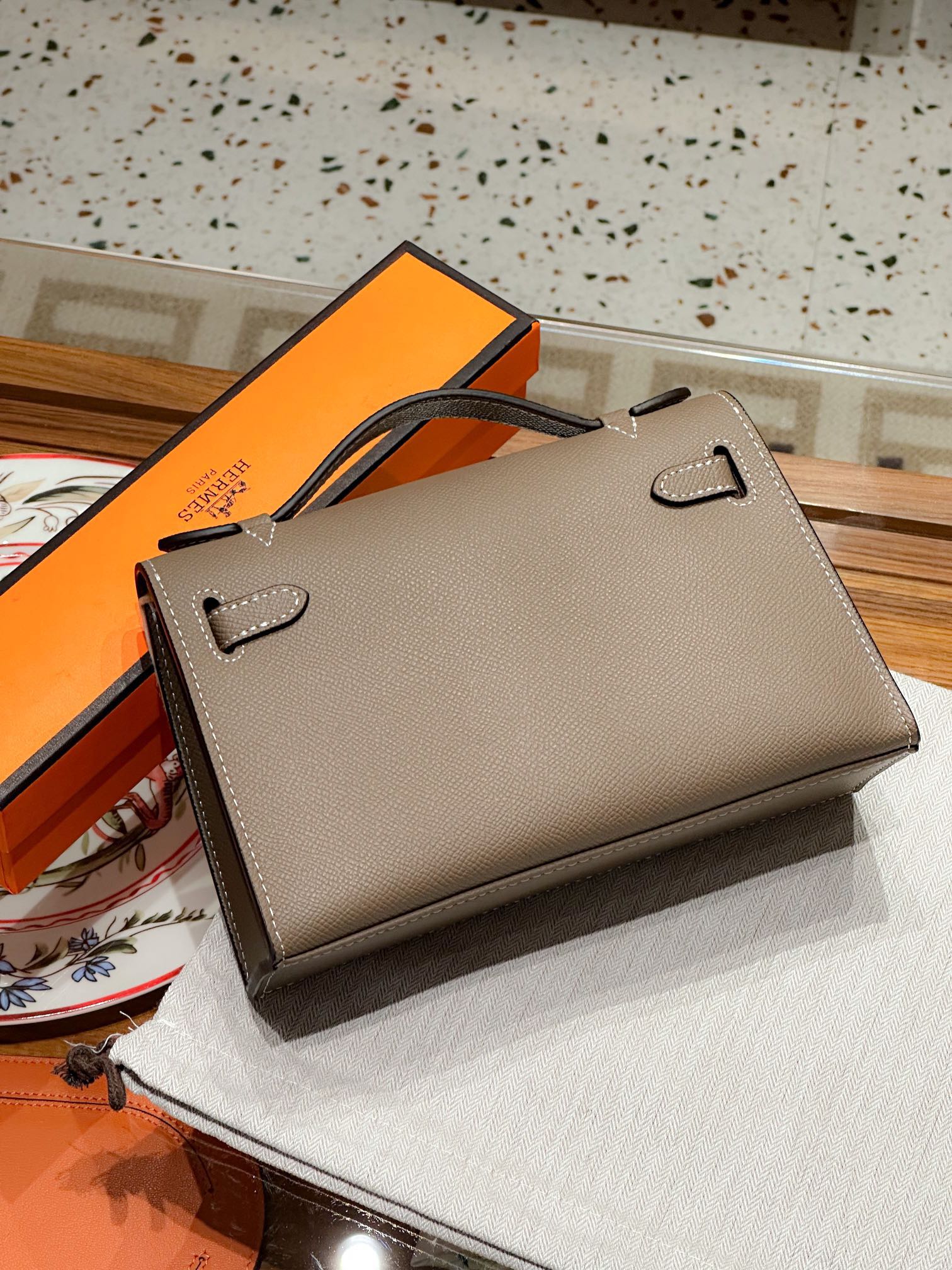 H-Inspired Kelly Mini 1st Kelly Pochette Generation Epsom Palm Leather-Elephant Grey - Gorchic - $143.99