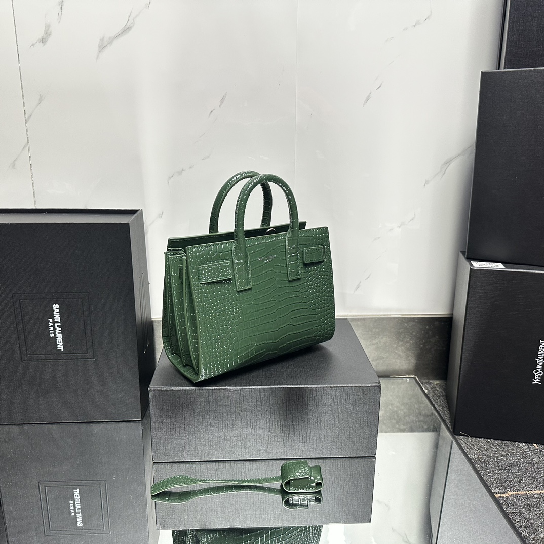 Lady Designer Green Croc Embossed Leather Nano Classic Sac De Jour Tote - Bag - Gorchic - $175.99