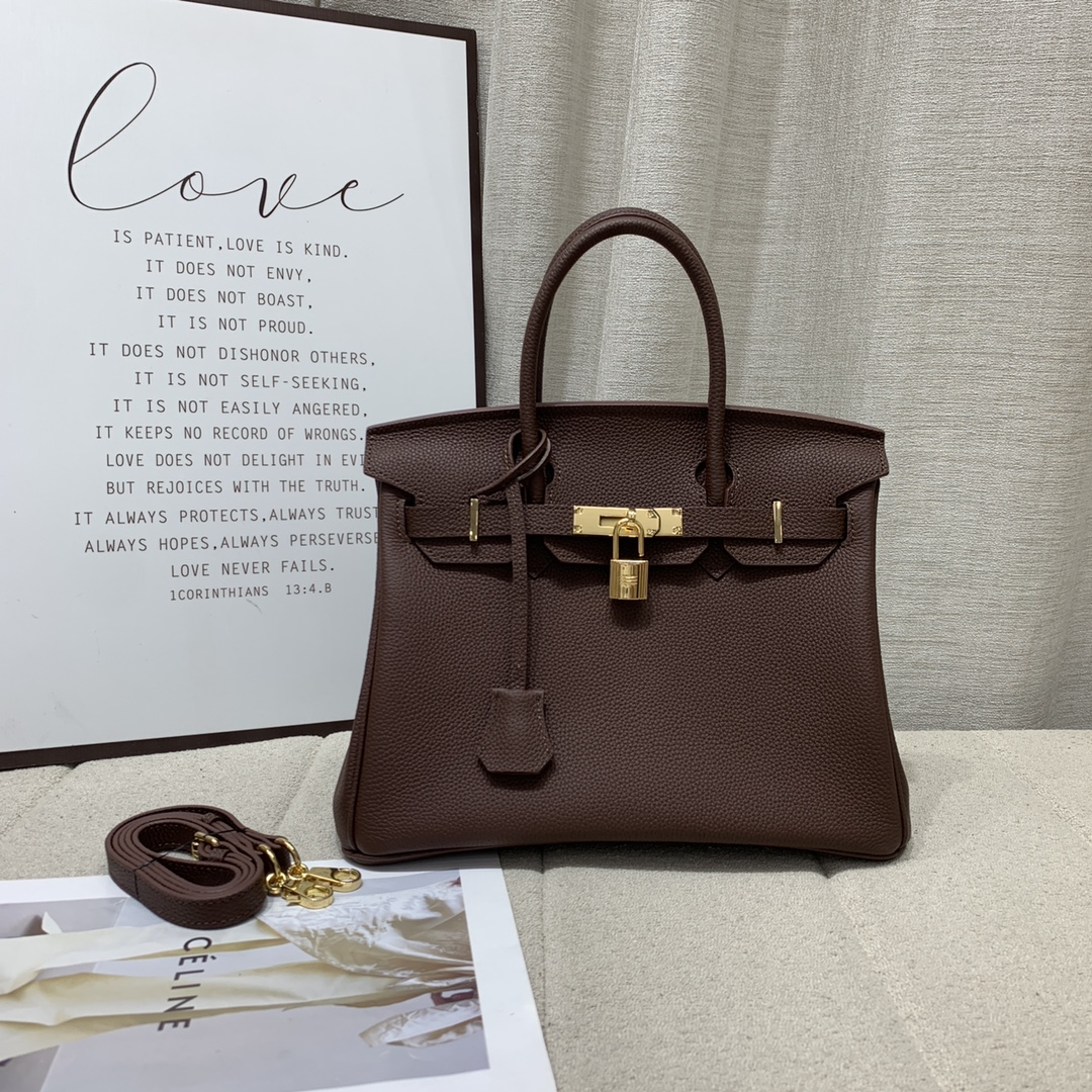 H-Inspired Birkin Togo Retourne Bag Golden-Dark Brown Bag - Gorchic - $161.99