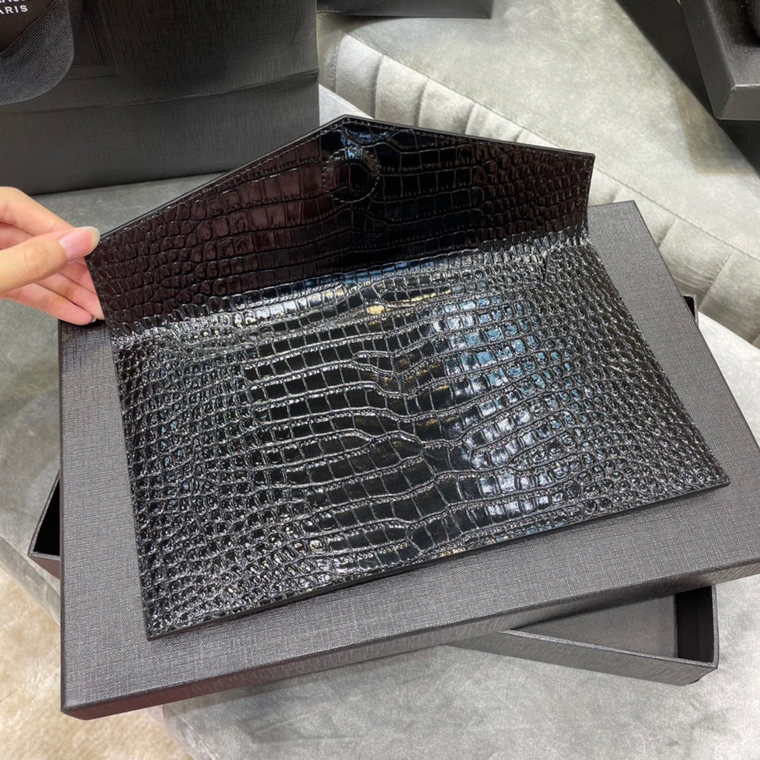 Lady Designer Uptown  POUCH IN CROCODILE-EMBOSSED SHINY LEATHER BLACK-Sier hardware - Bag - Gorchic - $122.99