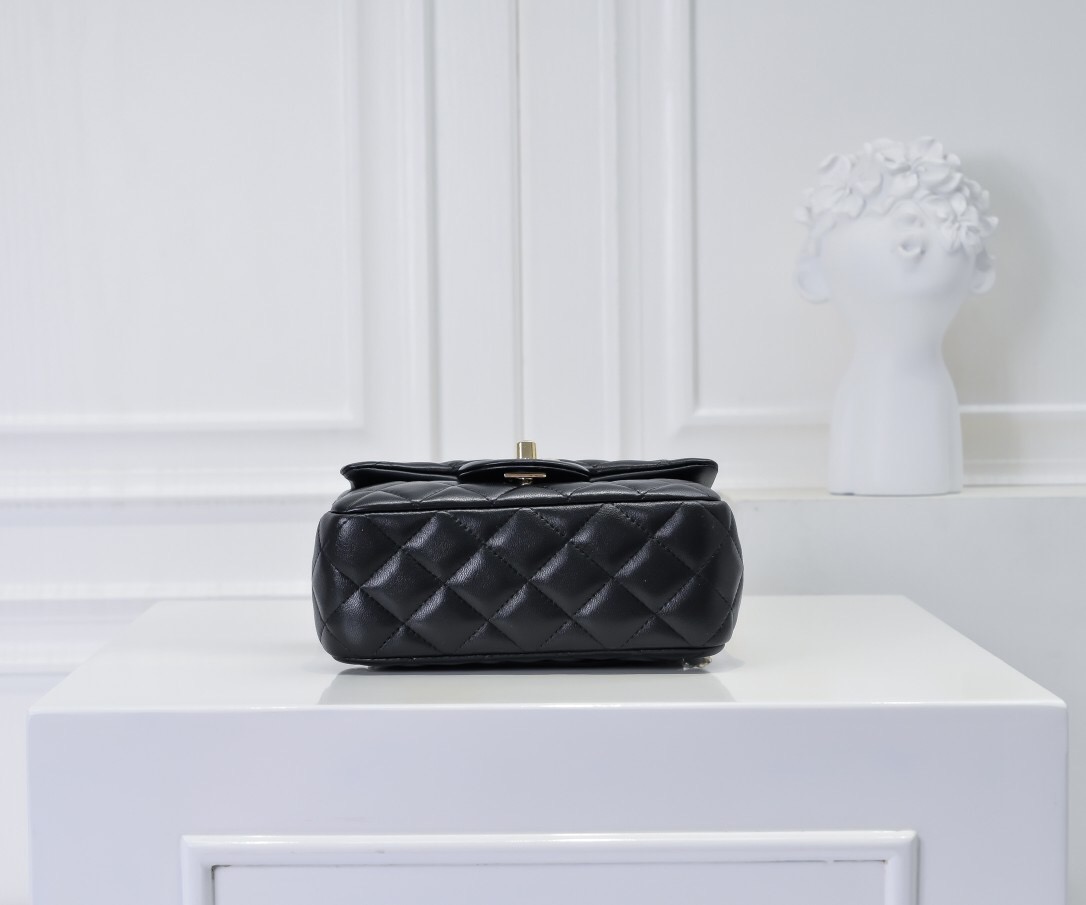 CC Inspired Classic Flag Bag CC Pearl Crush Mini Square Flap Bag Black Calfskin Antique Gold Hardware - Bag - Gorchic - $127.99