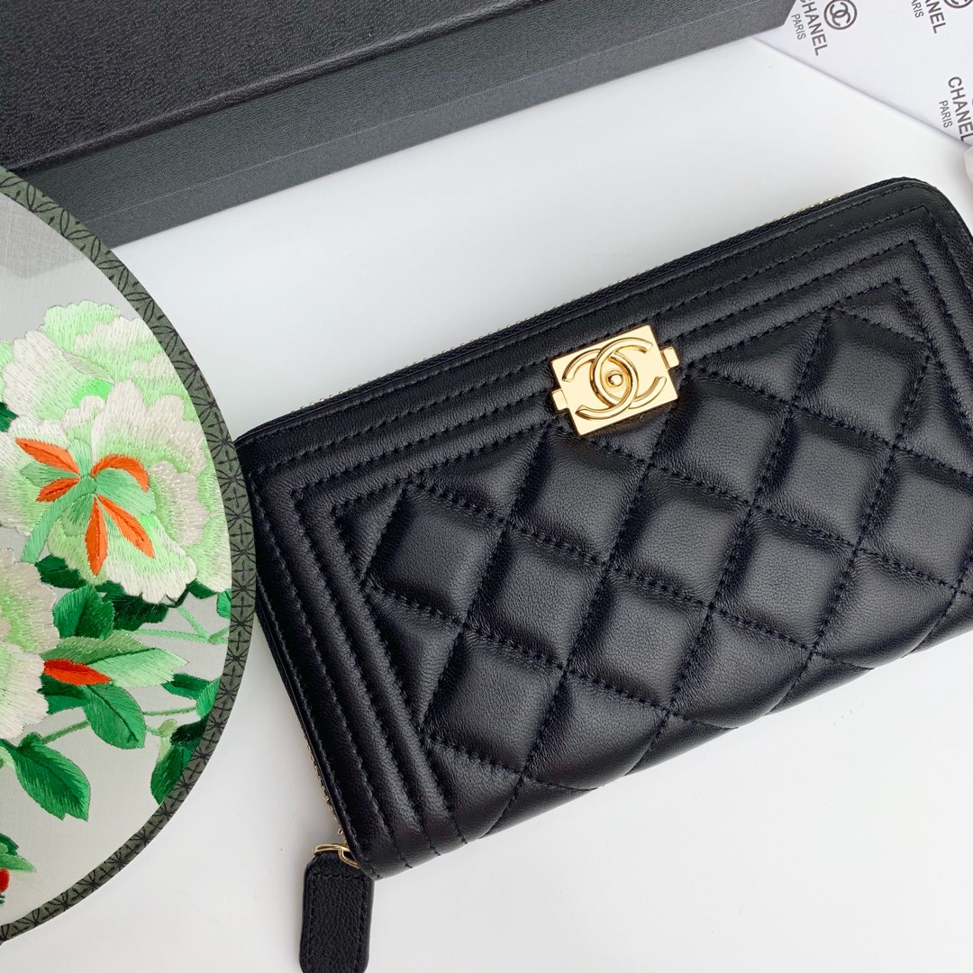 CC Inspired Zip Around Wallet Quilted Caviar Long-Plain Gold Wallet - Gorchic - $52.99