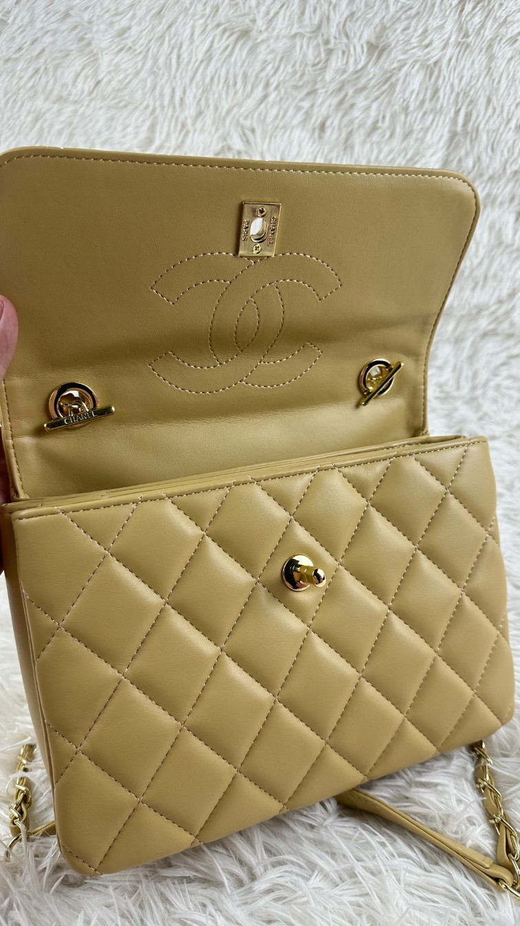 CC Inspired Top Handle Flap Bag Lambskin - khaki - Gorchic - $140.99