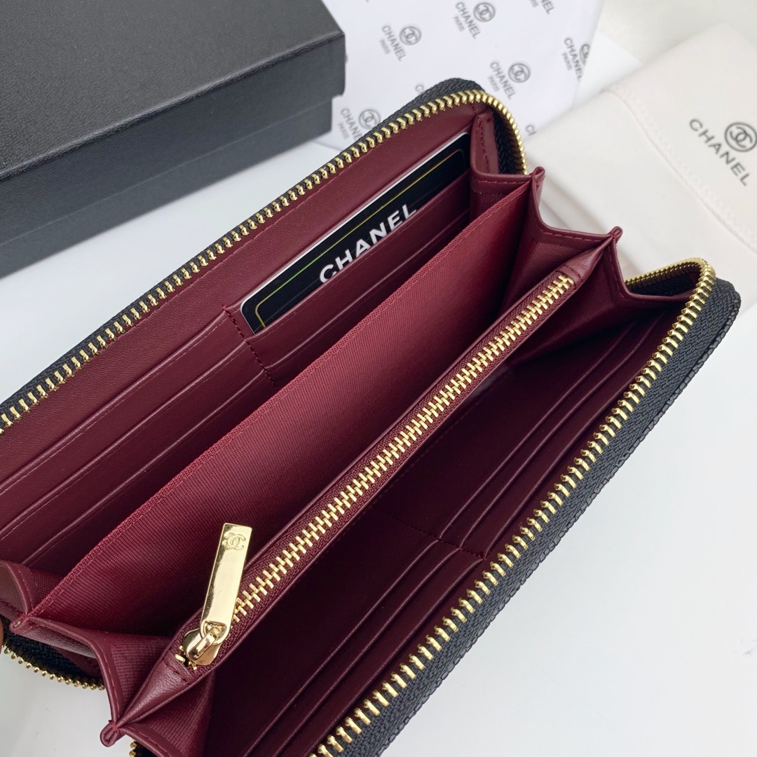 CC Inspired Zip Around Wallet Quilted Caviar Long-Fishseed Pattern Gold Wallet - Gorchic - $52.99