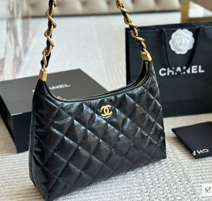 CC Inspired 24A hobo Bag Shiny Calfskin & Gold-Tone Metal Black - Bag - Gorchic - $124.99