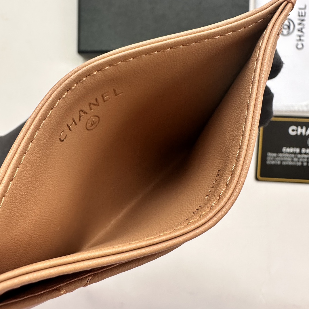 CC Inspired CLASSIC CARD HOLDER Grained Shiny Calfskin & Gold-Tone Metal Apricot -Wallet - Gorchic - $37.99