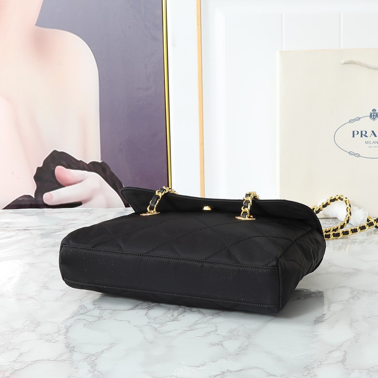 Saffiano texture Tessuto Impuntu Quilted Flap Shoulder Black Bag - Gorchic - $132.99