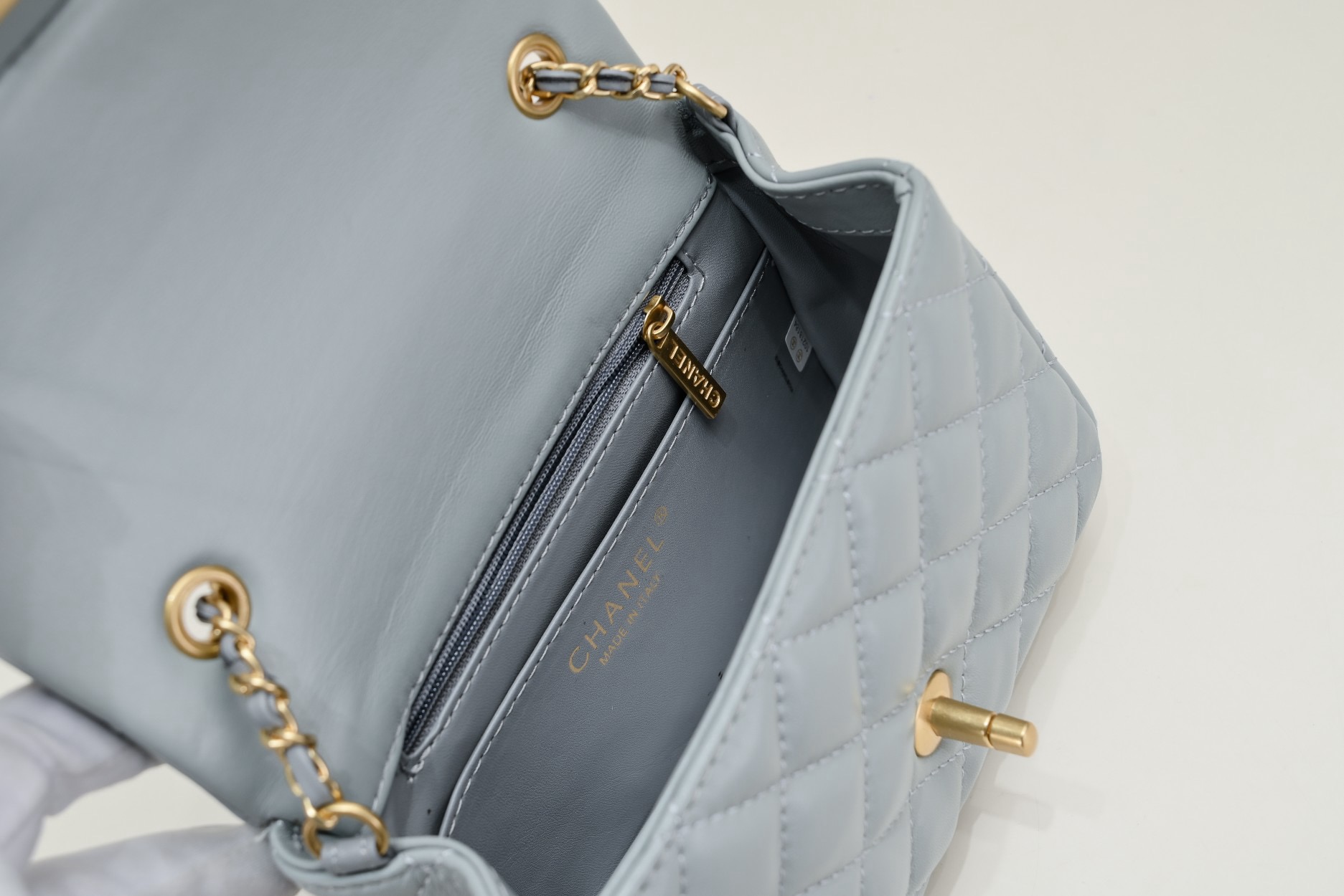 CC Inspired Classic Flag Bag Pearl Crush Mini Rectangular Flap Bag Light Blue Calfskin Antique Gold Hardware - Bag - Gorchic - $117.99