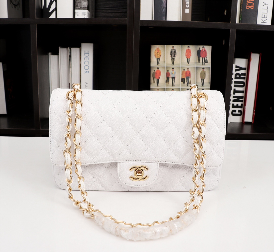 CC Inspired Classic Double Flap Bag White Caviar Golden Hardware - Bag - Gorchic - $122.99
