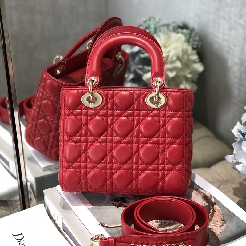 D Inspired Small Lady D Inspired Bag Red Cannage Calfskin Golden Hardware - Bag - Gorchic - $144.99