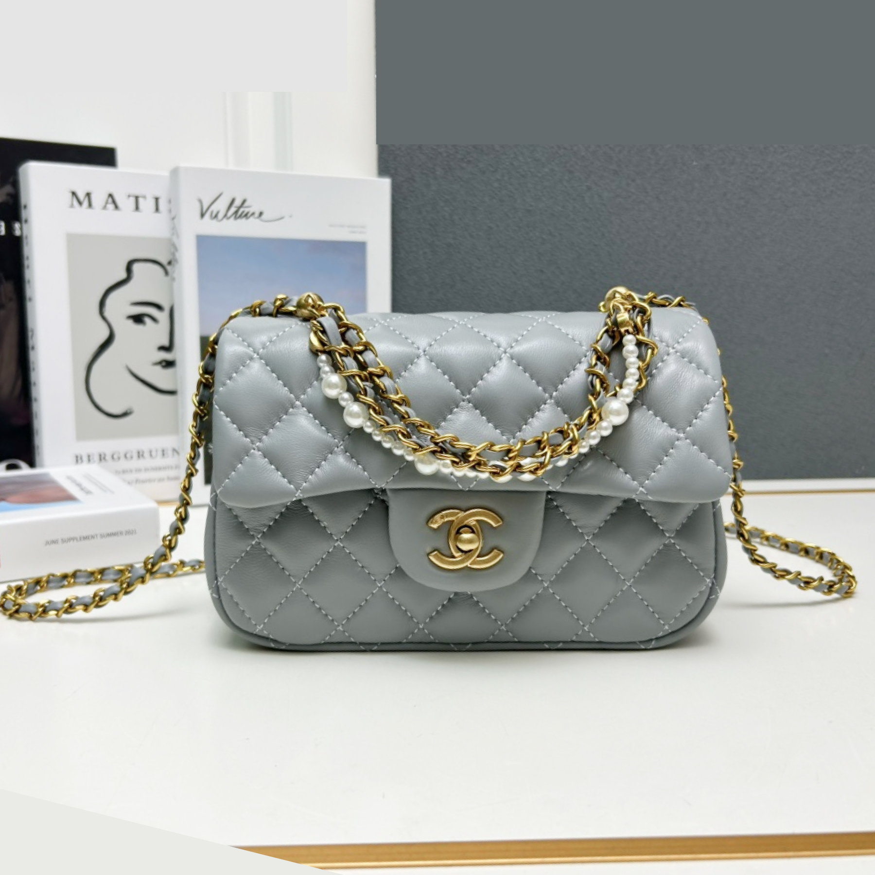 CC Inspired Mini Square Pearl Flap Bag Grey Leather Gold Hardware - Gorchic - $132.99