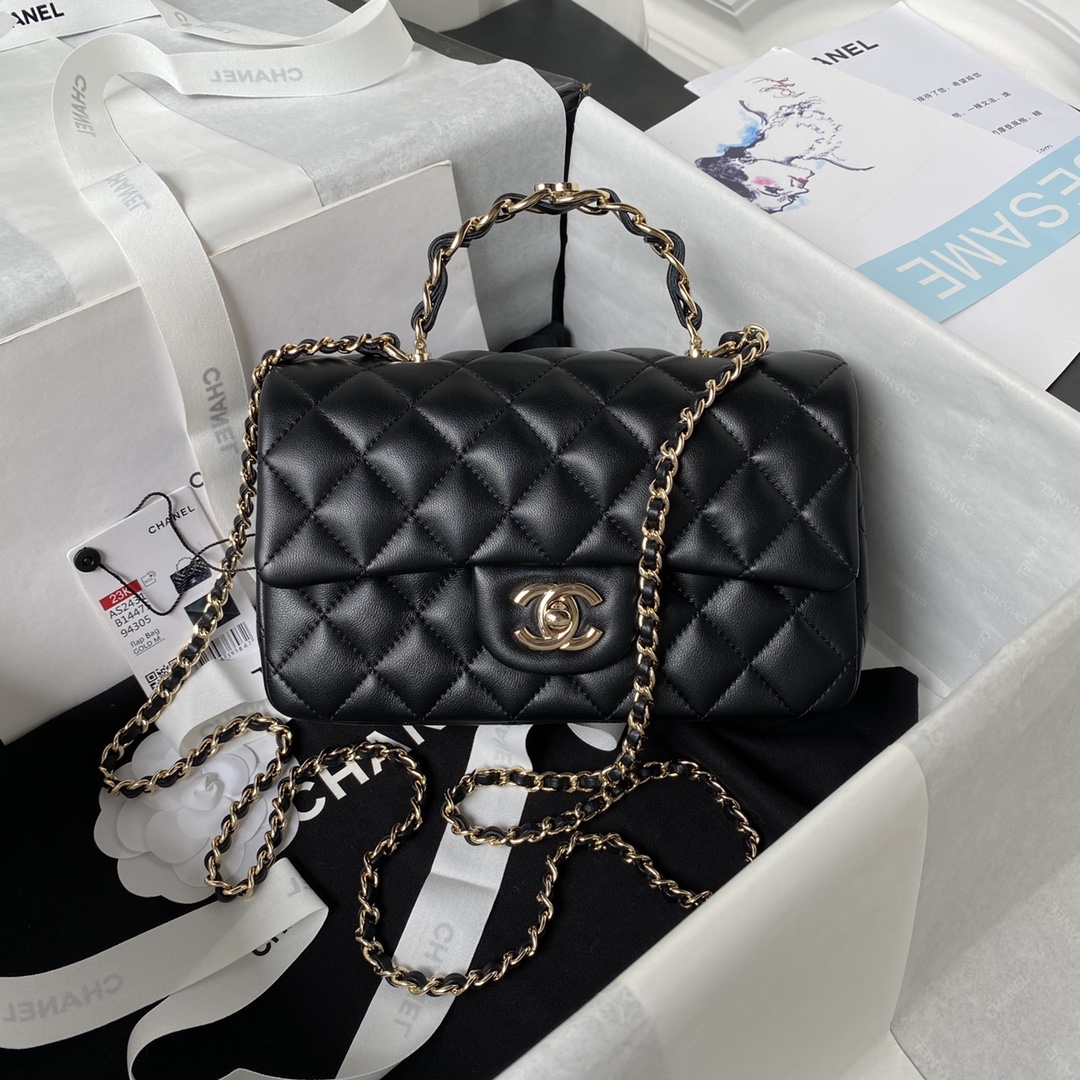 CC Inspired Lambskin Quilted Mini Top Handle Rectangular Flap Black Bag - Gorchic - $152.99