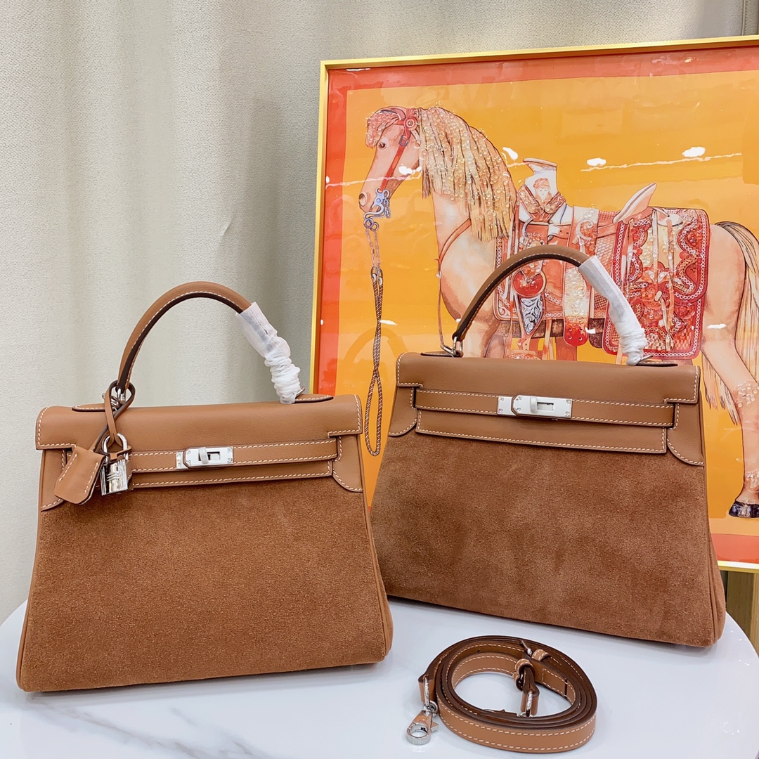 H-Inspired Kelly Haze Brown Suede - Handbags - Gorchic - $230.99