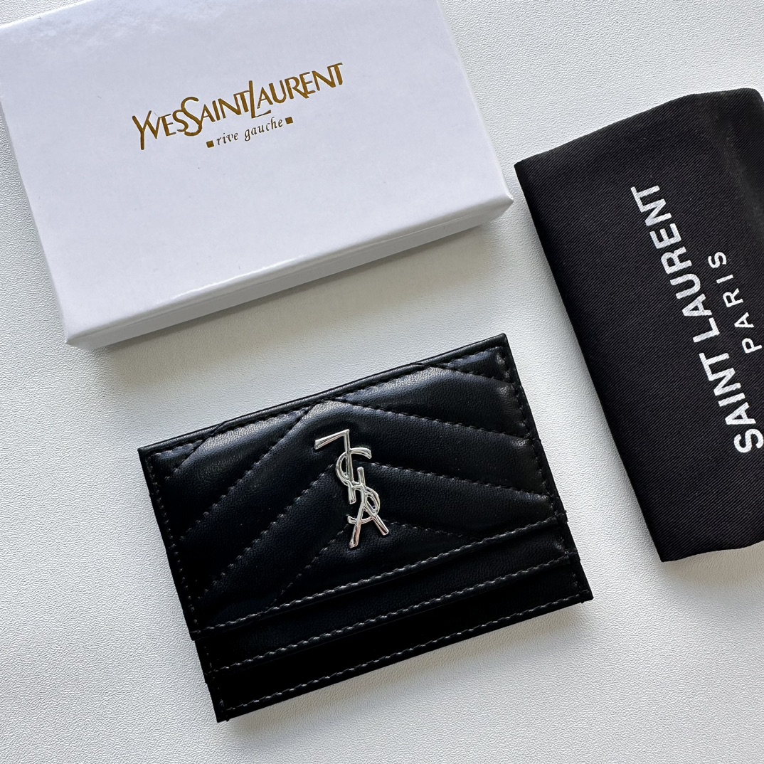 Lady Designer CASSANDRE MATELASSÉ card case in lambskin -Black and Sier Wallet - Gorchic - $35.99