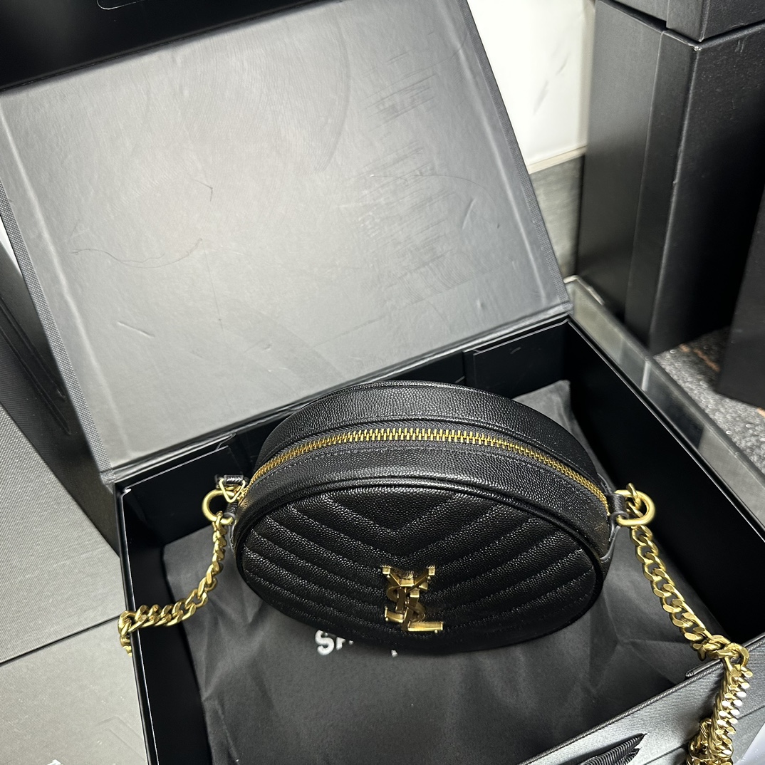 Lady Designer Grain De Poudre Matelasse Chevron Quilted Round Vinyle Camera Bag Deep Marine-Gold hardware - Bag - Gorchic - $131.99