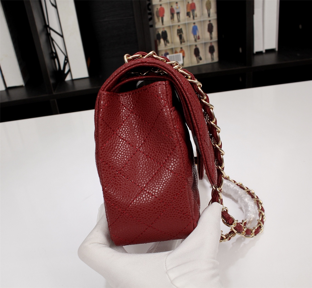 CC Inspired Classic Double Flap Bag Dark Red Caviar Golden Hardware - Bag - Gorchic - $122.99