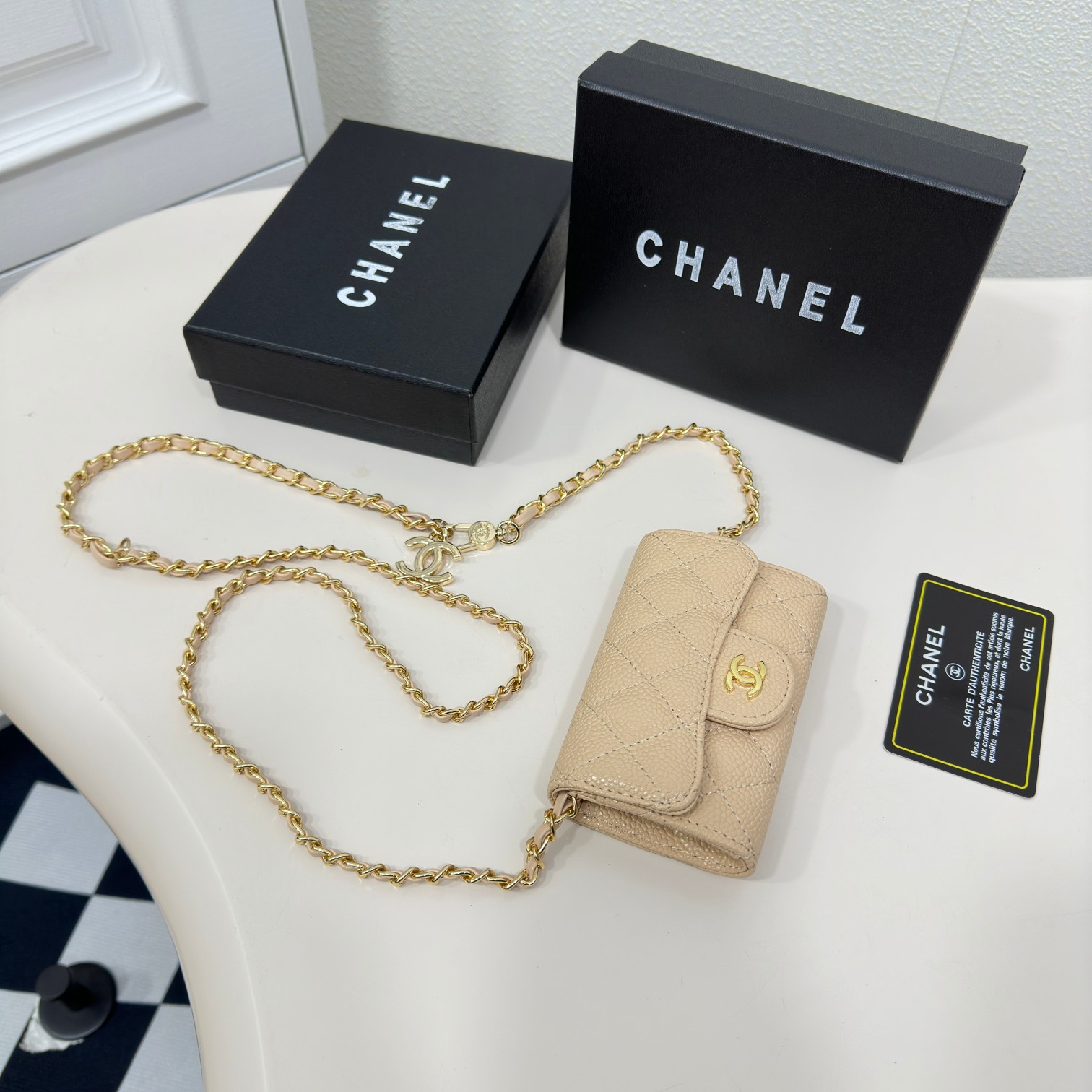 CC Inspired Beige Metallic Calfskin Quilted Flap Chain Waist Bag - Gorchic - $83.99