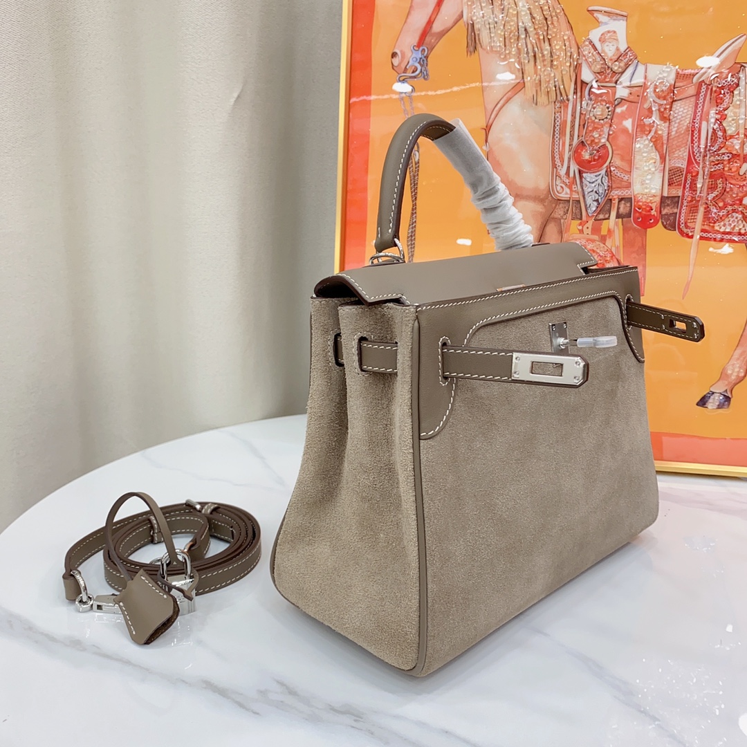 H-Inspired Kelly Haze Gray Suede - Handbags - Gorchic - $230.99