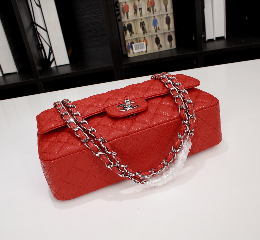 CC Inspired Classic Double Flap Bag Red Caviar Sier Hardware - Bag - Gorchic - $122.99