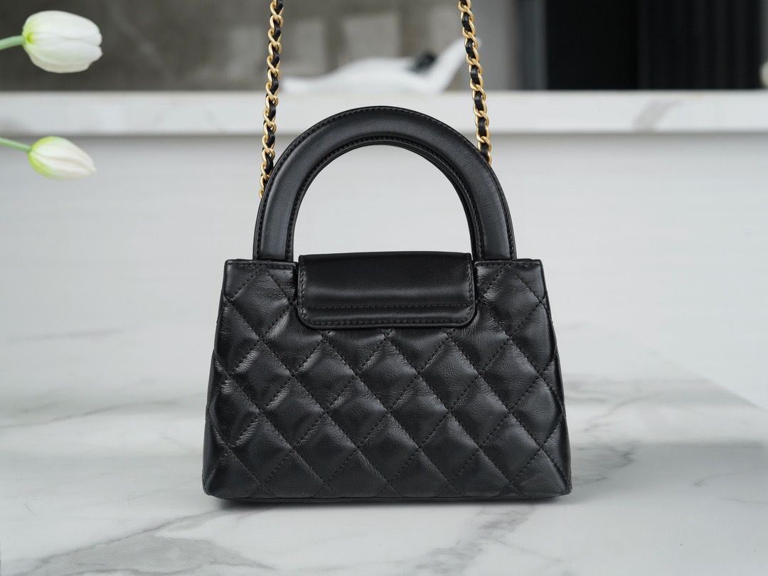 CC Inspired Shiny Aged Calfskin Quilted Nano Kelly Shopper Black - Bag - Gorchic - $121.99