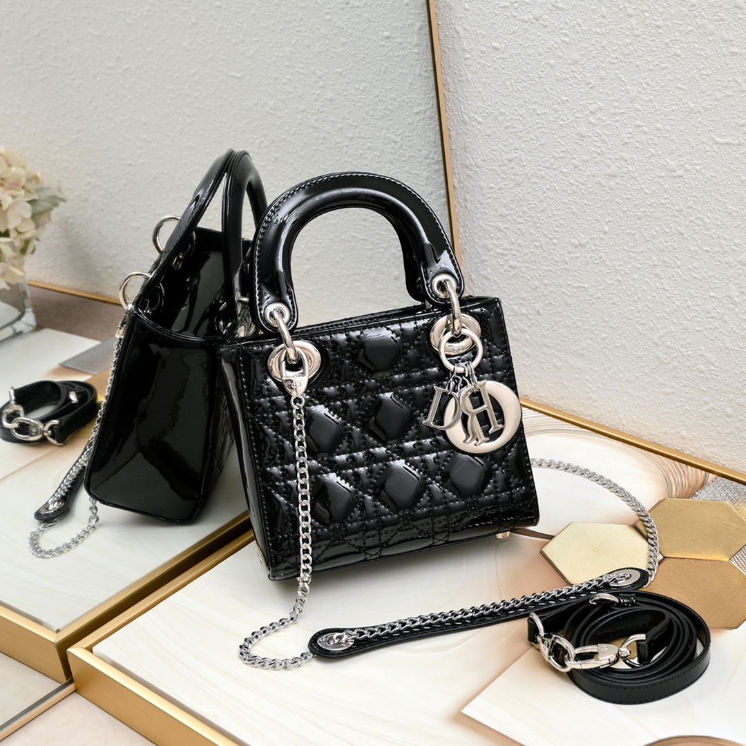 D Inspired Mini Lady D Inspired Bag Powder Black Patent Cannage Calfskin Golden Hardware - Bag - Gorchic - $138.99