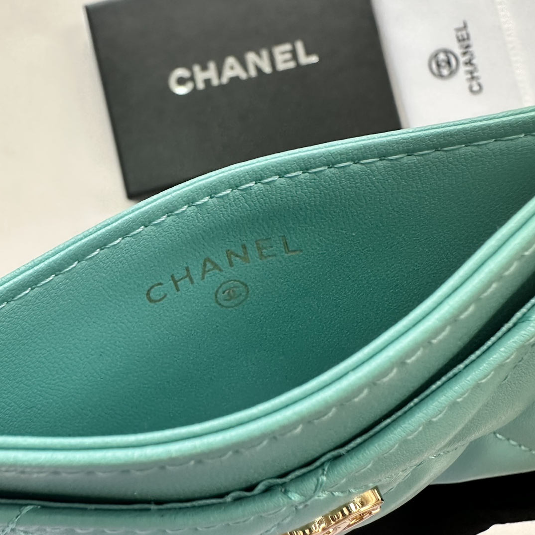 CC Inspired CLASSIC CARD HOLDER Grained Shiny Calfskin & Gold-Tone Metal Light Blue -Wallet - Gorchic - $37.99