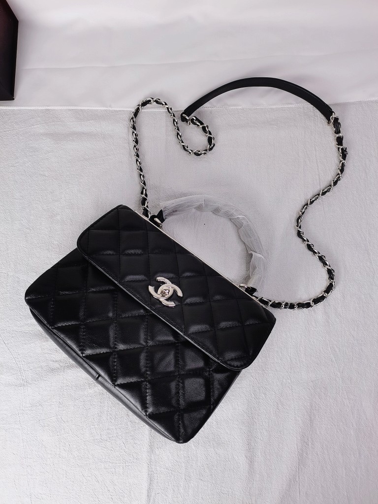 CC Inspired Top Handle Flap Bag Lambskin -Black - Gorchic - $140.99