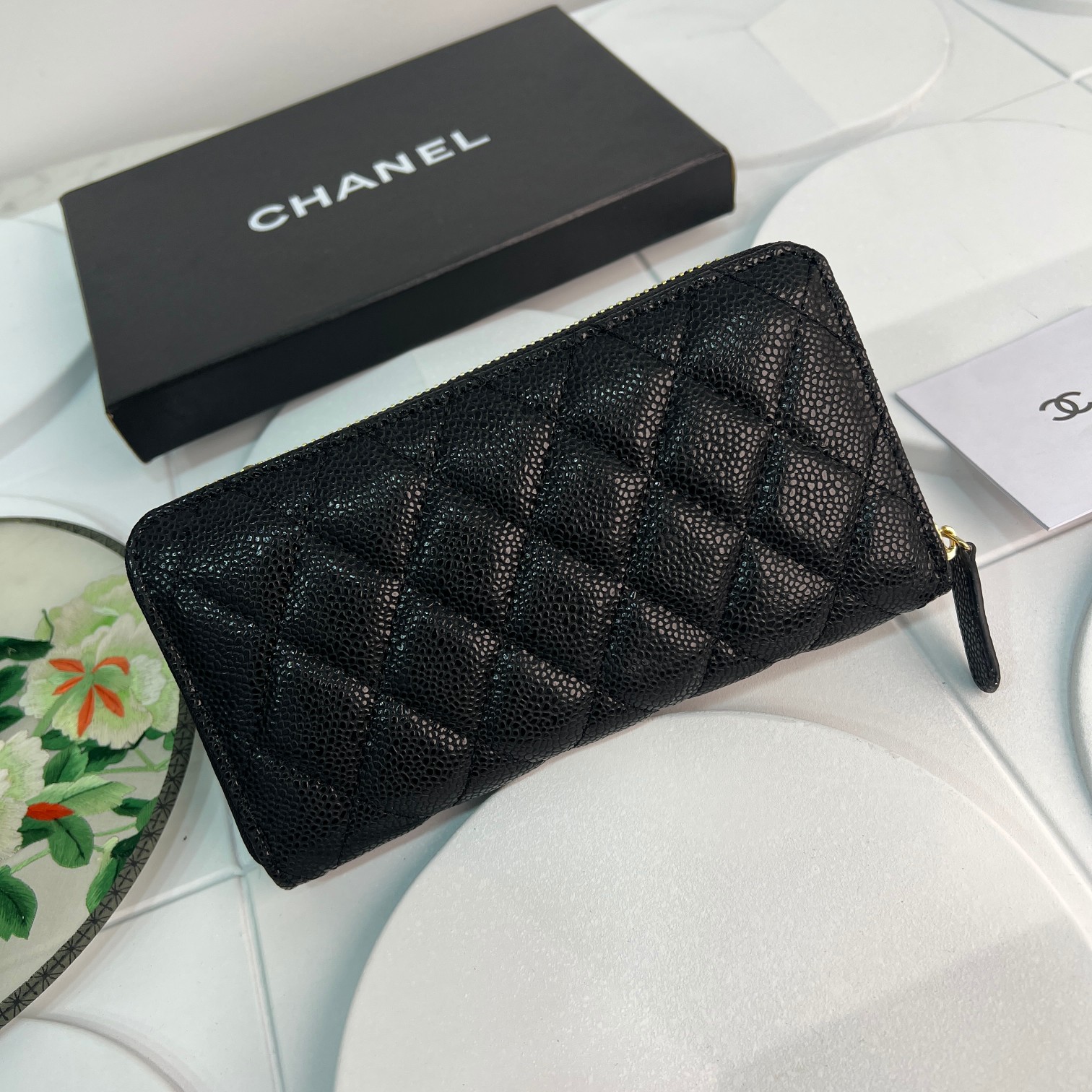 CC Inspired Boy Zip Around Wallet Quilted Caviar Long-Fish Seed Gold Wallet - Gorchic - $52.99